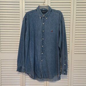 Ralph Lauren Blue Denim Button-Down Shirt with Red Pony